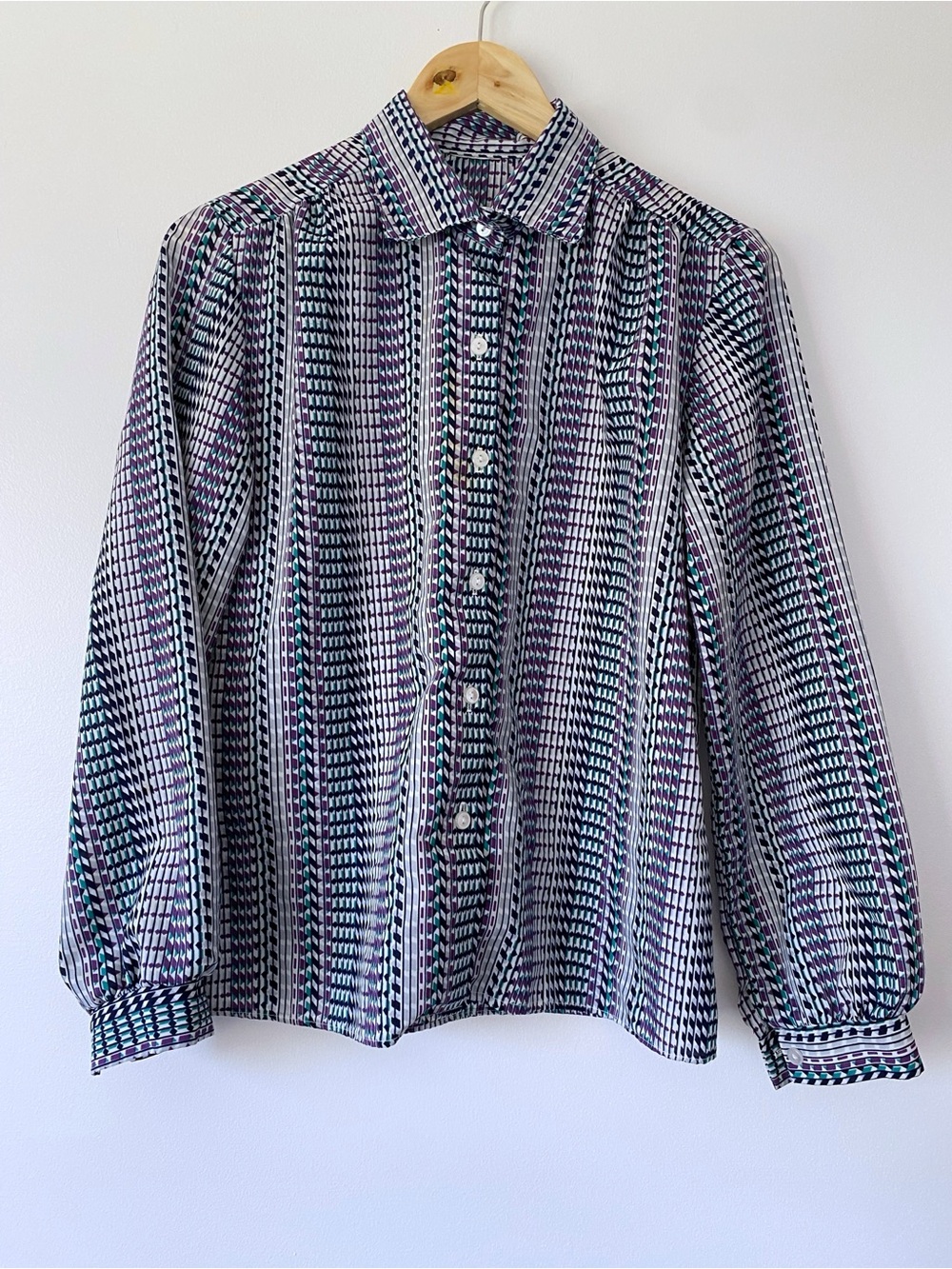 Vintage Geometric Multi-Stripe Patterned Button-Up Shirt - Blue & Purple - Picture 3 of 11